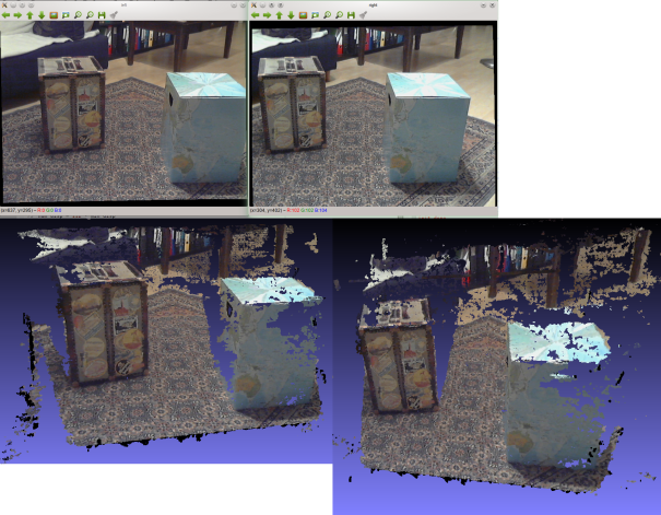 Two images taken with a calibrated stereo camera pair, with two perspectives of the resultant point cloud.